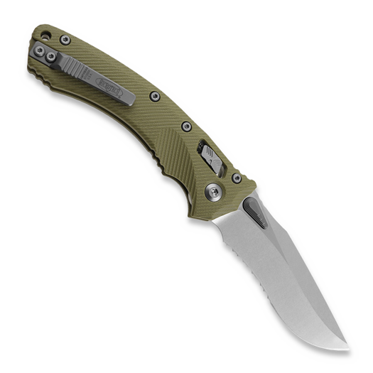 Microtech Amphibian Stonewash Partial Serrated, Fluted G10 OD Green 137RL-11FLGTOD
