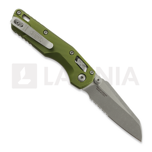 Navaja Microtech MSI Mini S/E Apocalyptic Fluted Aluminum OD Green, hoja dentada 210M-11APFLOD