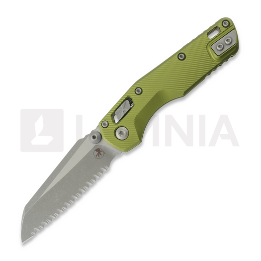 Microtech MSI Mini S/E Apycalyptic Fluted Aluminum OD Green összecsukható kés, full serrated 210M-12APFLOD