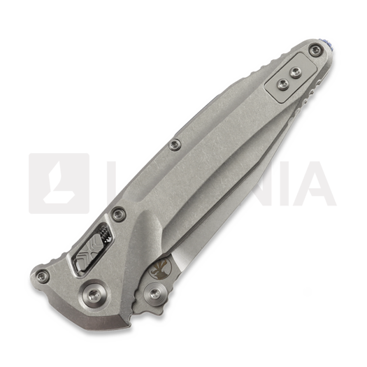 Microtech Socom Delta Ram-Lok Spear Point Stonewashed folding knife, blue accents 159RL-10SMS3