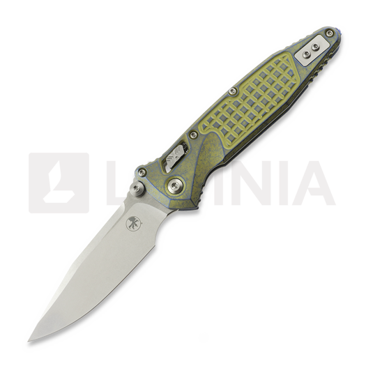 Microtech Socom Ram-Lok S/E Clip Point Stonewash Galactic Gold Frag foldekniv, blue accents 160RL-10FRMS12
