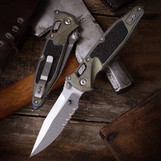 Microtech Socom Ram-Lok Spear Point Galactic Gold 折叠刀, 锯齿刀片 160RL-11SMS8