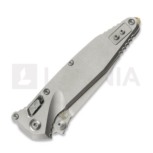Microtech Socom Ram-Lok Spear Point Stonewash Slab Titanium folding knife, bronze accents 160RLS-10SMS2