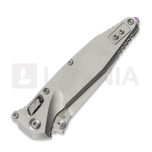 Microtech Socom Ram-Lok Spear Point Stonewash Slab Titanium folding knife, purple accents 160RLS-10SMS4