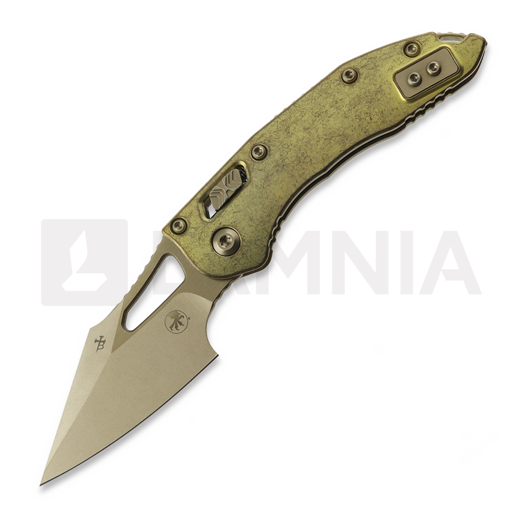 Microtech Stitch Mini S/E Stonewash Antique Gold Slab Side Titanium 접이식 나이프, bronzed accent 169MRL-13MS2