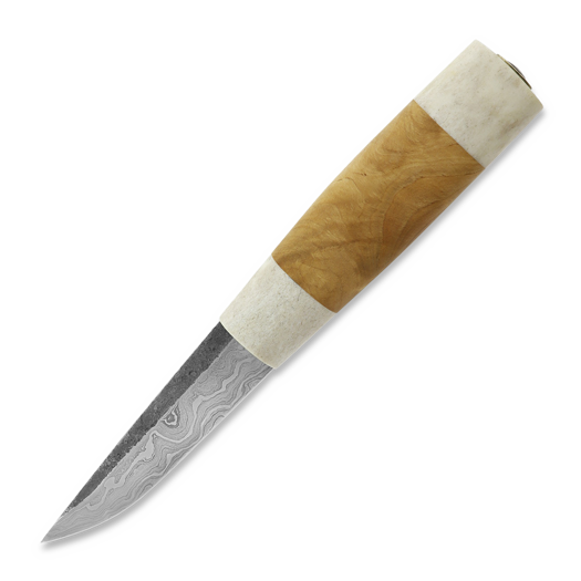 ML Custom Knives Damascus Puukko, Reindeer Antler/Birch Burl