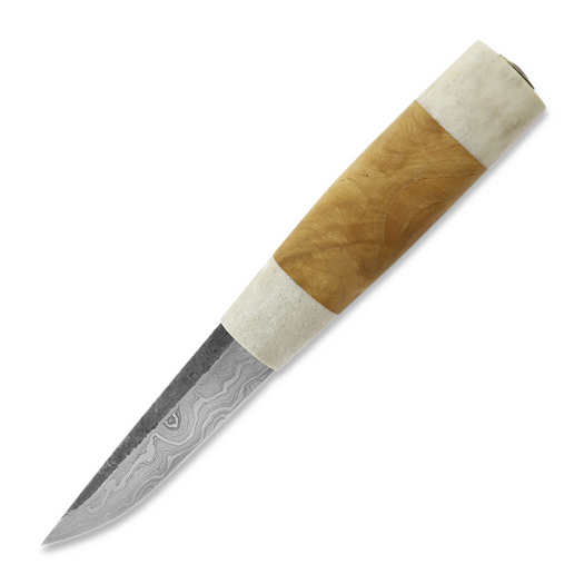 ML Custom Knives Damascus Puukko, Reindeer Antler/Birch Burl