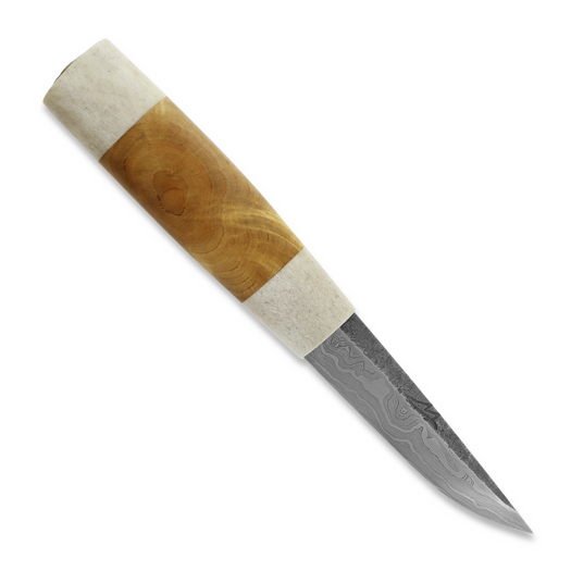ML Custom Knives Damascus Puukko, Reindeer Antler/Birch Burl