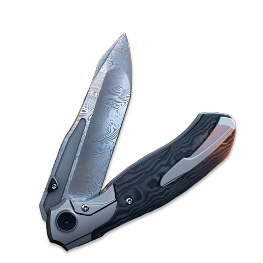 Null Knives Vandal - Black Camo / Damasteel k&auml;&auml;nt&ouml;veitsi