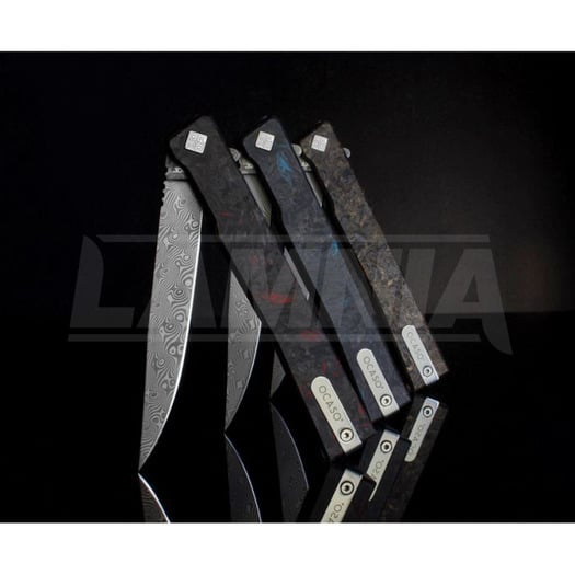 Ocaso Solstice Damascus Red Dark Matter CF folding knife