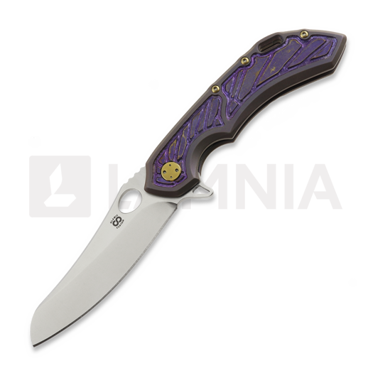Olamic Cutlery Wayfarer 247 S90V Mouflon kääntöveitsi, Purple Geometrical Carving