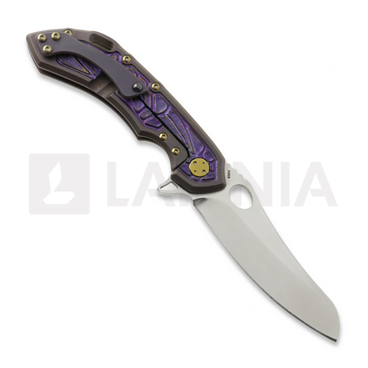 Olamic Cutlery Wayfarer 247 S90V Mouflon sulankstomas peilis, Purple Geometrical Carving