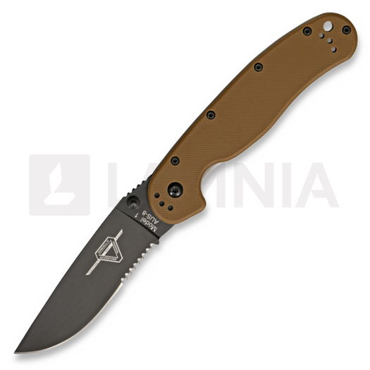 Ontario RAT-1 foldekniv, brun/black, savtakket 8847CB