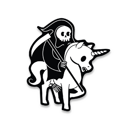 Prometheus Design Werx Death Rides A Unicorn Sticker
