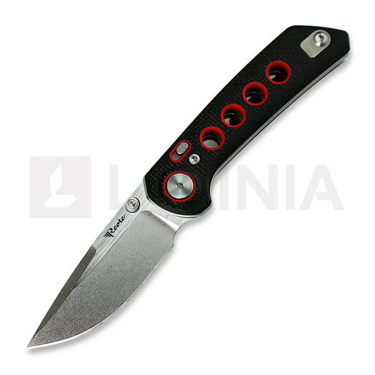Zav&iacute;rac&iacute; nůž Reate PL-XT Stonewashed, black micarta/red G-10