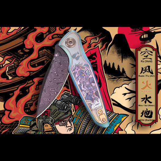 Spartan Blades Pandia Damascus 접이식 나이프, Ronin Five Rings "Fire"