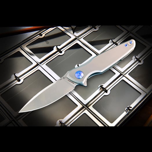 Briceag Spartan Blades Pandia, Satin/Blasted Titanium & Blue HW, Stonewash