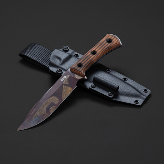 TRC Knives Apocalypse Elmax Post Apo Finish knife, Torched Micarta