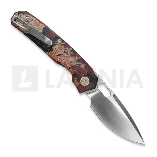 Vosteed Psyop 332 - Satin - Current Micarta összecsukható kés, Canvas Rag Burl - Red