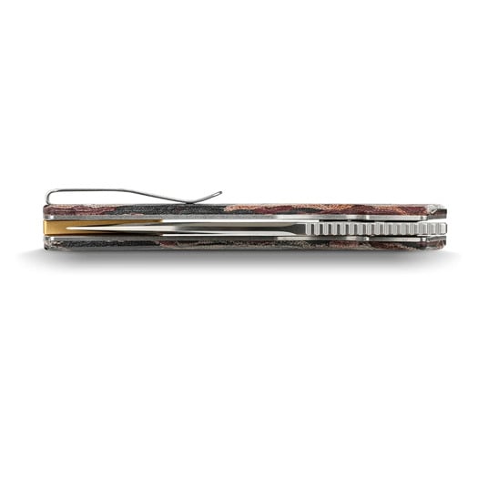 Vosteed Psyop 332 - Satin - Current Micarta Taschenmesser, Canvas Rag Burl - Red