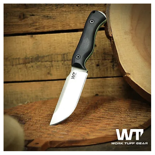Work Tuff Gear Nomad Bushcrafter K329 kniv, saber, satin, black G10, green liner